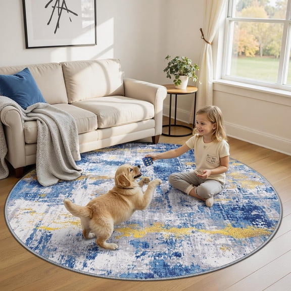 Xchearser Washable Area Rugs 6ft Non-Slip Modern Abstract Soft for Living Room Entryway Bedroom Nursery, Print Pattern, Grey Blue Gold/Golden