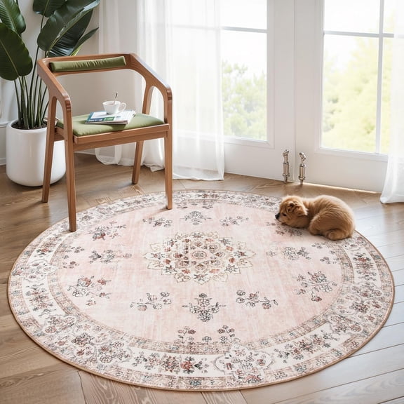 Xchearser Washable Pink Round Rug 6ft, Soft Europe Vintage 6x6 Circle Rug for Nursery Girls Bedroom,Non-Slip Floral Pastel Circular Carpet for Living Room Corner Floor Home Office Decor