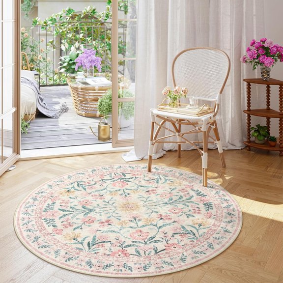 Xchearser Washable Round Rugs 6ft, Pink Floral Circle Rug Large Round Carpet for Bedroom, Boho Soft Ultra-Thin Circular Carpets for Kids Playroom Living Room Nursery