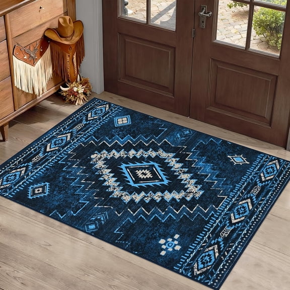 Xchearser Western 2x3 Rug Non-Slip, Aztec Entryway Rugs Low-Pile, Navy Blue Moroccan Washable Rug Stain Resistant, Front Door Rugs with Rubber Backing for Bathroom Kitchen Hallway