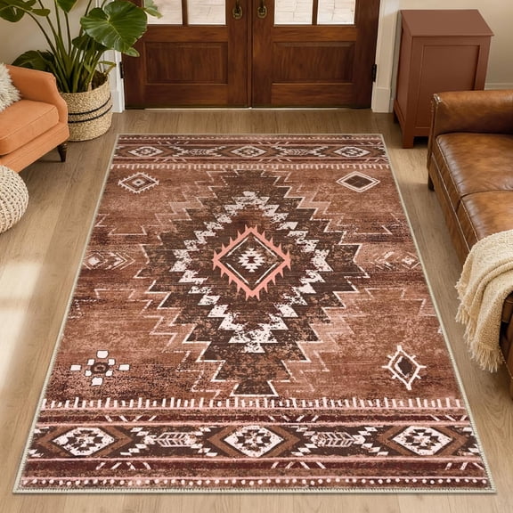 Xchearser Western 3x5 Entryway Rug, Moroccan Washable Rug Low-Pile, Aztec Non-Slip Area Rugs with Rubber Backing, Soft Brown Carpet Stain Resistant for Dining Room Living Room