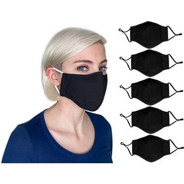 Xchime Black Cloth face mask for women, men, teens,Made in USA,with filter pocket, nose wire, adjustable ear loops, 3-layer soft cotton black face mask, 3D design, reusable washable breathable, 5-pack