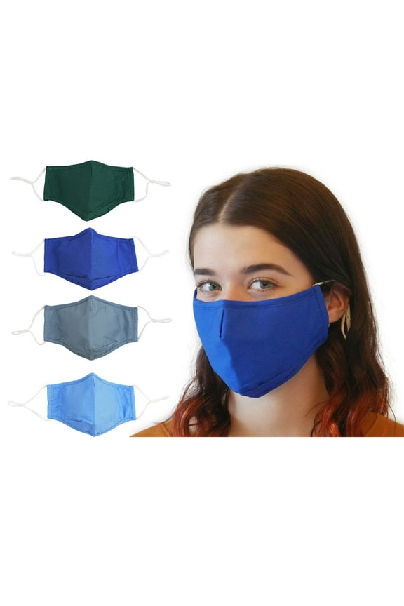 Reusable Cloth Face Mask, Breathable Adjustable Ear Loops, Light Blue/Green/Royal Blue/Gray, 4 ct