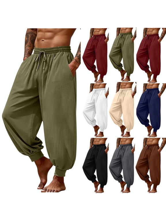 Big and Tall Mens Harem Pants Casual Elastic Waist Drawstring Baggy Hippie Trousers Cotton Linen Boho Yoga Beach Pants with Pocket