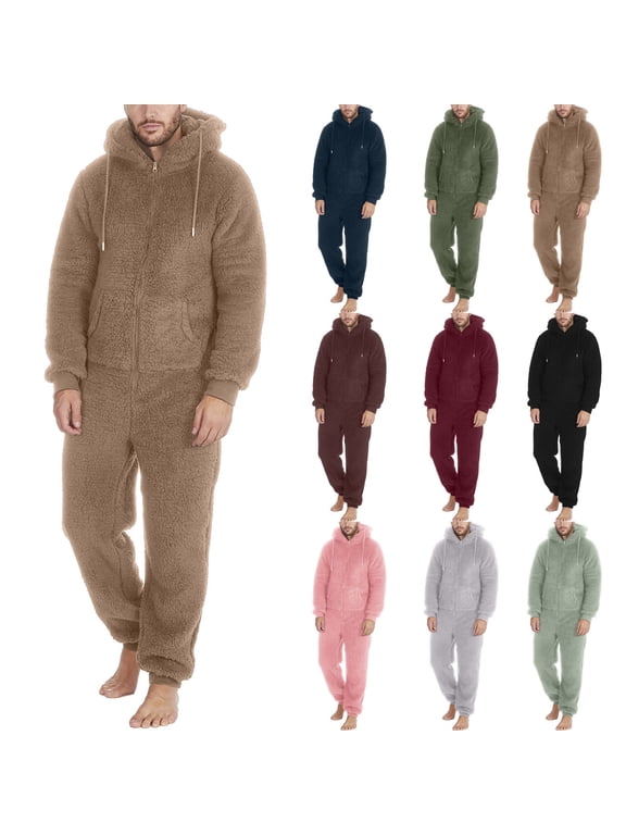 Big and Tall Sherpa Fuzzy One Piece Pajamas for Men Drawstring Hooded Zipper Jumpsuits Loungewear Warm Fleece Plush Romper with Pocket