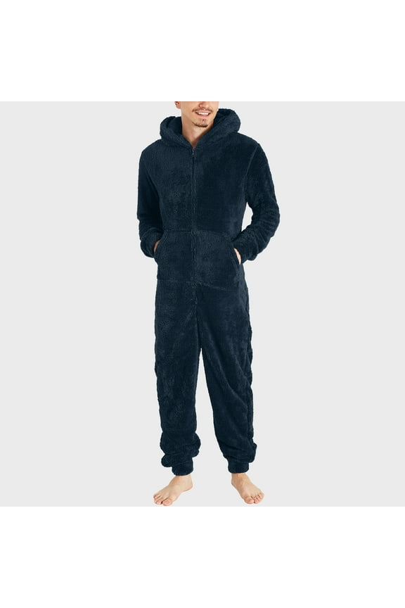 Big and Tall Sherpa Pajamas for Men Onesie Long Sleeve Hooded Jumpsuit Winter Adult Rompers Solid Zipper Fuzzy Sleepwear Pocket