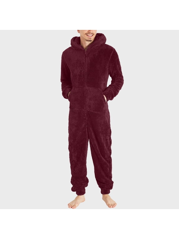 Big and Tall Sherpa Pajamas for Men Onesie Long Sleeve Hooded Jumpsuit Winter Adult Rompers Solid Zipper Fuzzy Sleepwear Pocket