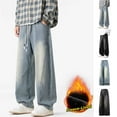 thumbnail image 1 of Xcmzpl Big and Tall Wide Leg Jeans for Men Fleece Lined Distressed Denim Pants Drawstring Elastic Waist Warm Outdoor Jenas with Pockets, 1 of 8
