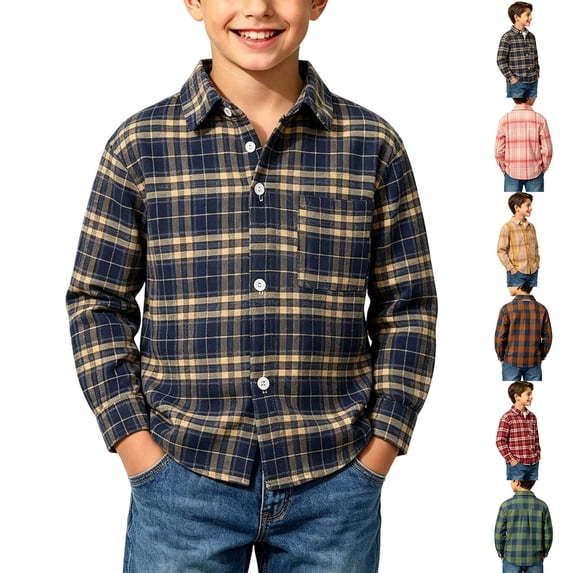 Xcmzpl Boys Long Sleeve Flannel Button Down Shirts Pocket Front Buffalo Plaid Print Tshirts Soft Comfy Fall Cardigans 2-15 Years