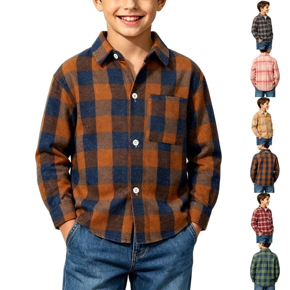 Xcmzpl Boys Long Sleeve Flannel Button Down Shirts Pocket Front Buffalo Plaid Print Tshirts Soft Comfy Fall Cardigans 2-15 Years
