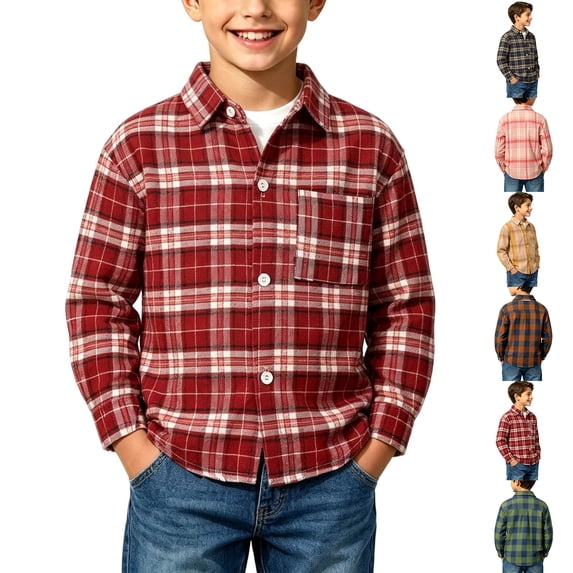 Xcmzpl Boys Plaid Button Down Shirt Long Sleeve Lightweight Flannel Checkered Dress Shirts with Chest Pocket 2-15 Years