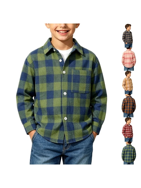 Boys Plaid Button Down Shirt Long Sleeve Lightweight Flannel Checkered Dress Shirts with Chest Pocket 2-15 Years