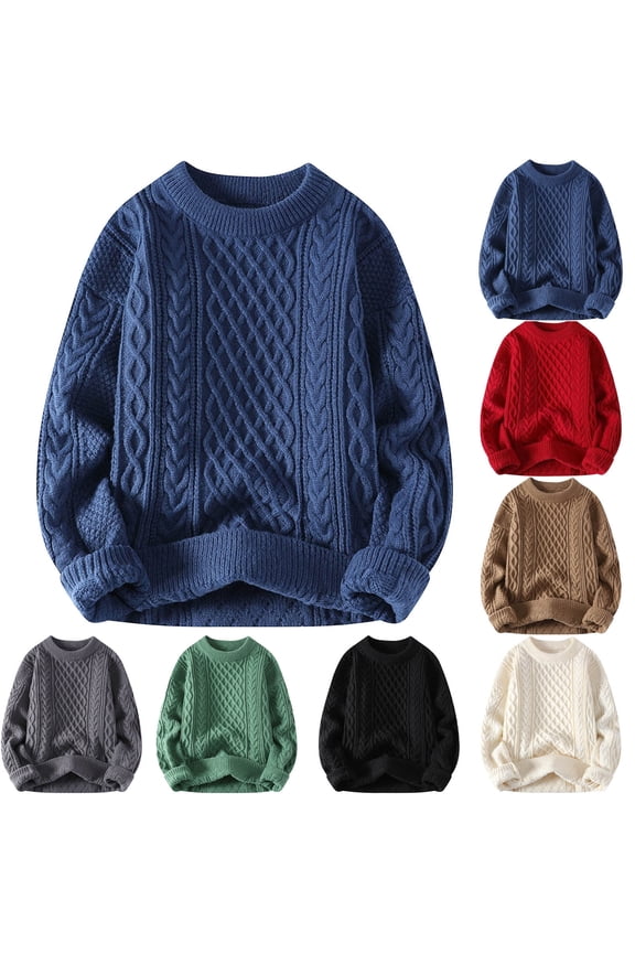 Cable Knit Sweater Men Cable Knit Pullover Crew Neck Long Sleeve Chunky Sweaters Solid Lounge Sweaters Oversized Pullover Tops