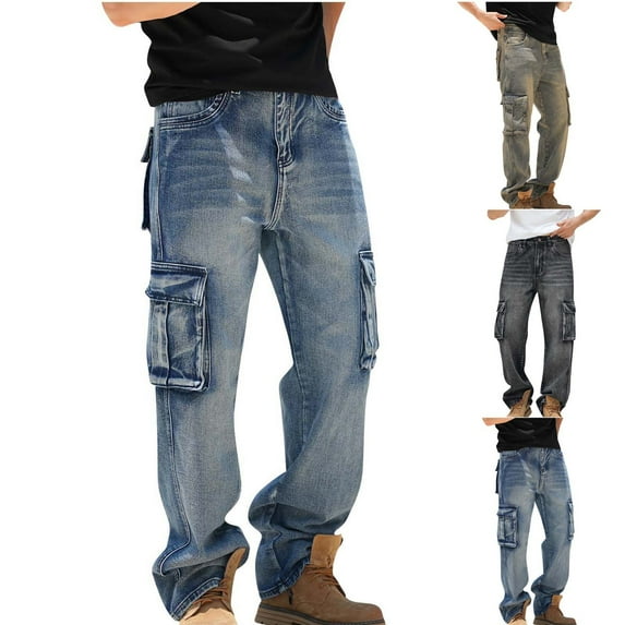 Xcmzpl Cargo Jeans for Men Distressed Jeans Men's Casual Baggy Cargo Workwear Jeans Loose Fit Straight Leg Hip Hop Denim Pants