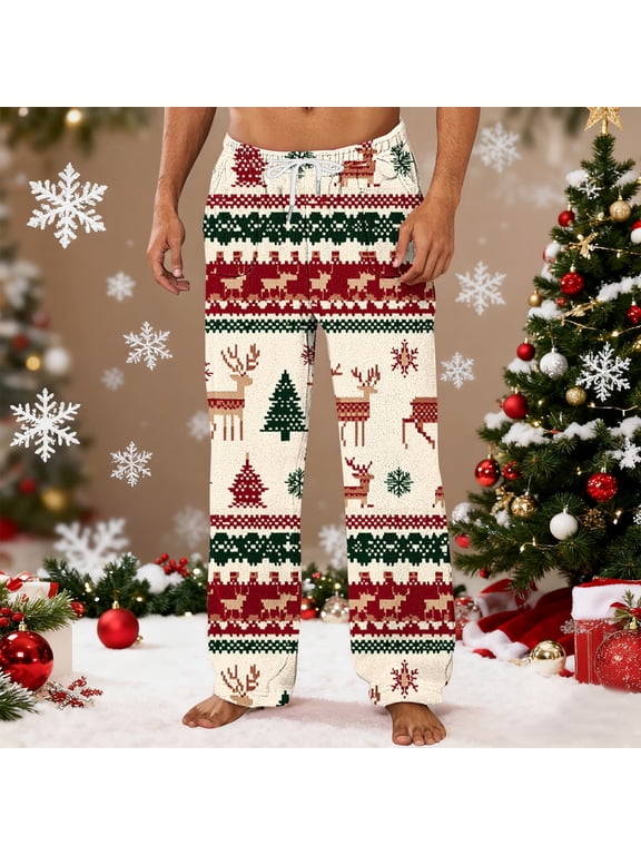 Christmas Pajama Pants for Men Flannel Lounge Pants Elastic Waist Loose Soft Comfortable Print PJ Bottoms Trousers Xmas