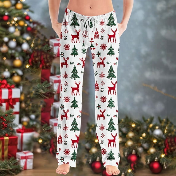 Xcmzpl Christmas Snowman Reindeer Print Pajama Pants Xmas Tree Sleep Lounge Pjs Bottoms Holiday Party Night Pants Drawstring Waist Wide Leg Sleepwear S-5XL
