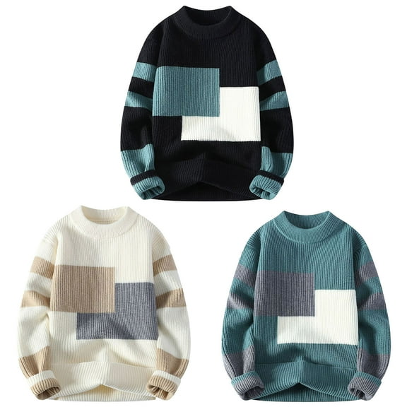 Xcmzpl Color Block Sweaters for Men Crew Neck Knit Pullover Long Sleeve Loose Fit Sweaters Warm Fall Clothes Casual Sweaters