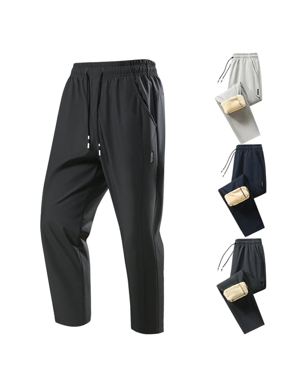Fleece Lined Winter Pants for Men Sherpa Thermal Hiking Pants Elastic Waist Solid Straight Leg Pants with Pockets