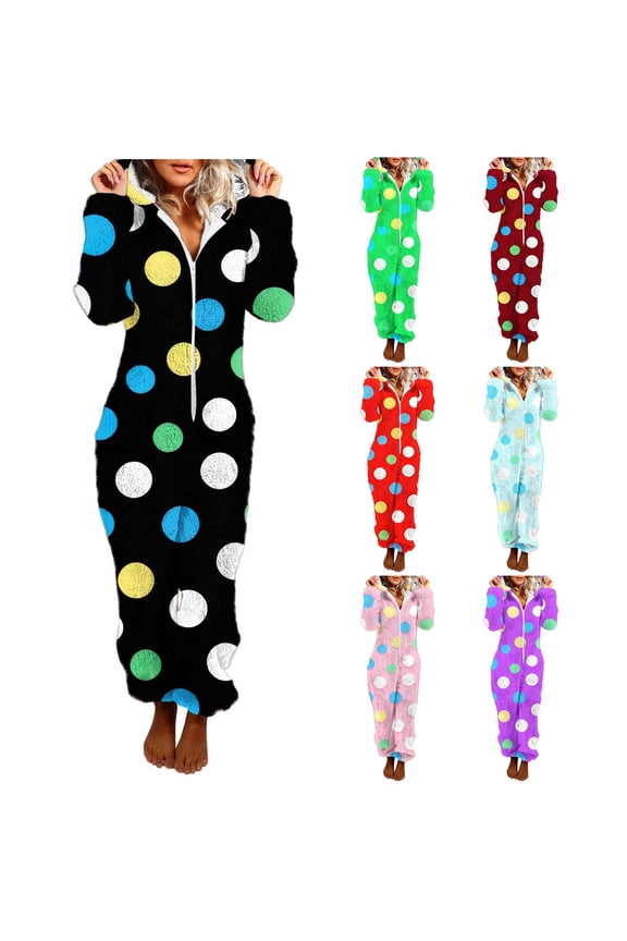 Fleece Onesie Pajamas for Women Fuzzy Sherpa Hooded Romper Color Block Polka Dot One Piece Winter Sleepwear Flannel Pajama Jumpsuit