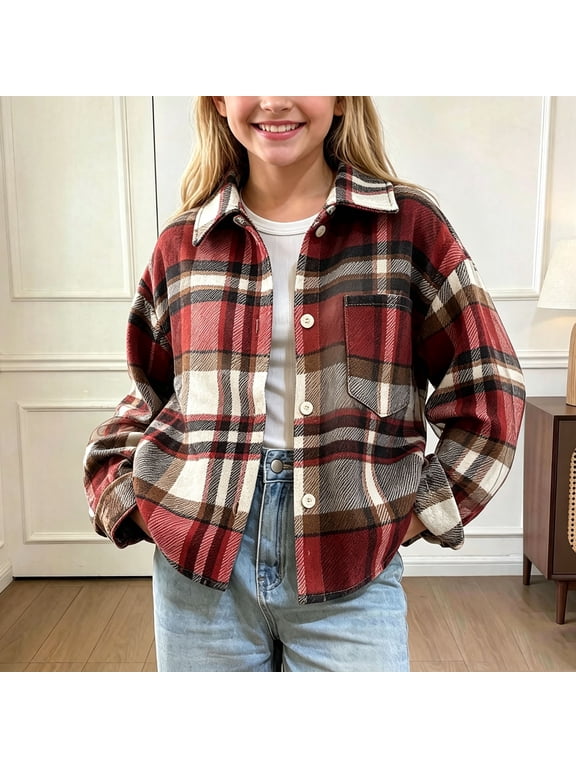 Girls Gingham Plaid Long Sleeve Button Down Shirts Collared Button up Casual Tops Kids with Chest Pocket for Dailywear School Outdoor 1-12Y