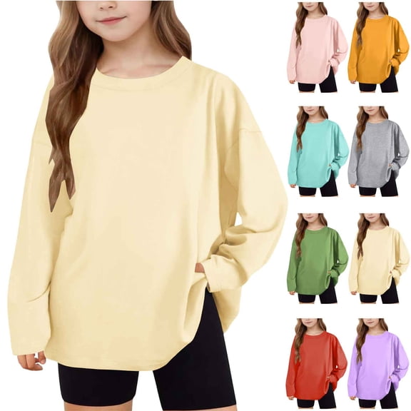 Xcmzpl Girls' Long Sleeve Tops Crew Neck Casual Loose Blouses Solid Pullover Lightweight Workout Gym Tee Shirts 5-15 Years