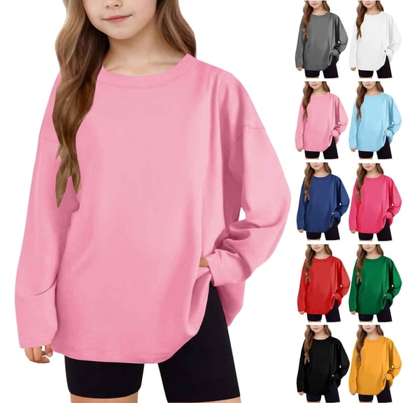 Xcmzpl Girls Pullover Tops 5-15 Years Long Sleeve Crew Neck Casual Shirts Solid Lightweight T Shirts Loose Fit Blouses