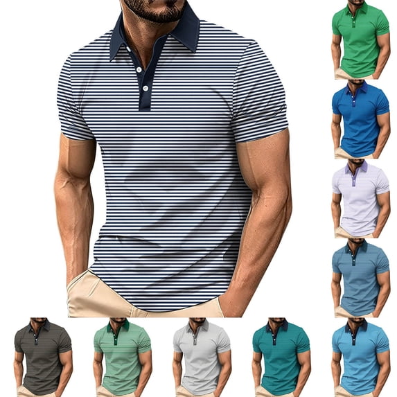 Xcmzpl Golf Shirts for Men Breathable Moisture Wicking Performance Pique Sport Short Sleeve Striped Mens Golf Shirt S-5XL