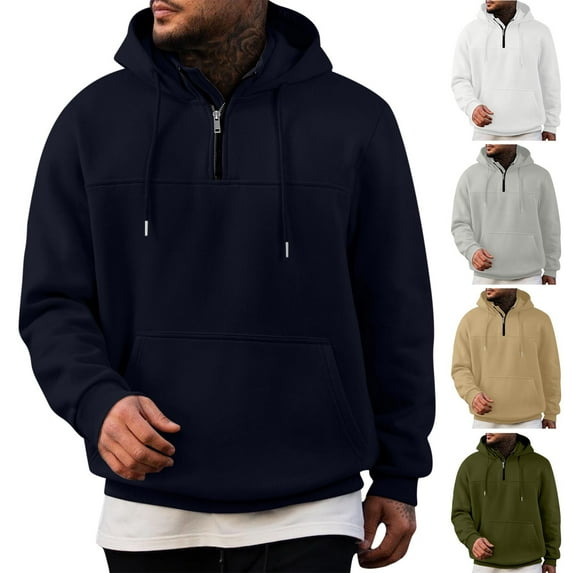 Xcmzpl Half Zip Hoodies for Men Drawstring Long Sleeve Fleece Lined Pullover Solid Casual Sweatshirts Fall Hoodies with Pocket