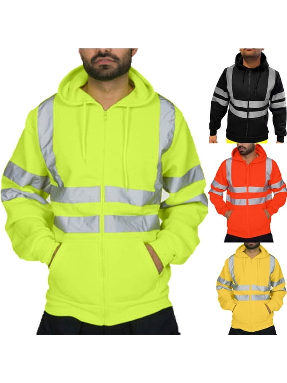High Visibility Zip-Up Jacket for Men Hooded Sweatshirt Long Sleeve Reflective Hoodies Outwear with Pocket M-2XL