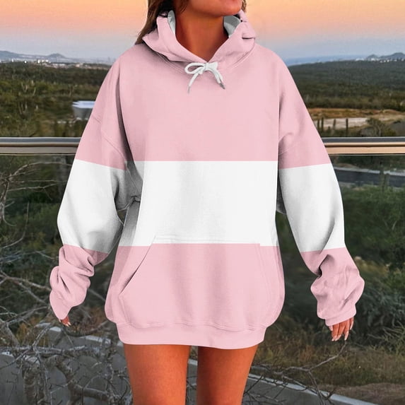 Xcmzpl Hoodies for Women Basic Color Block Hooded Sweatshirt Holiday Sweater Tops Dressy Casual Long Sleeve Blouses Fall Clothes