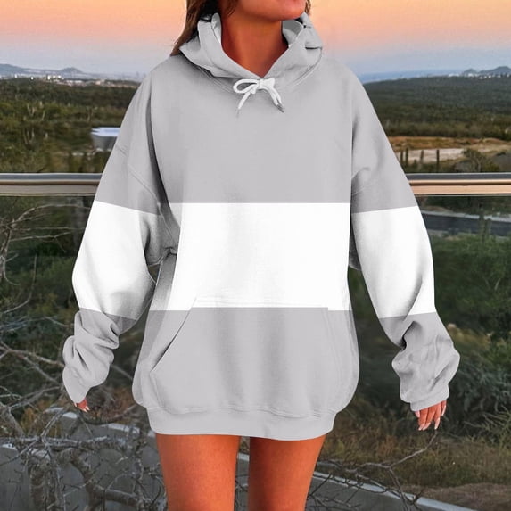 Xcmzpl Hoodies for Women Basic Color Block Hooded Sweatshirt Holiday Sweater Tops Dressy Casual Long Sleeve Blouses Fall Clothes