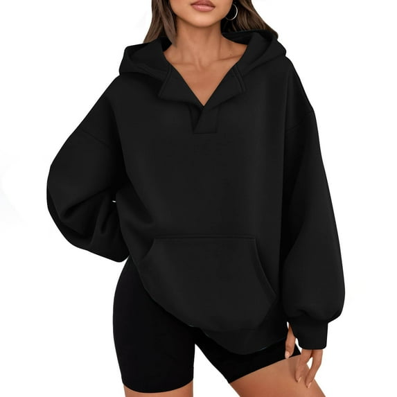 Xcmzpl Hoodies for Women Loose Fit Solid Color Hooded Sweatshirt Trendy Pullover Tops Work Long Sleeve T-shirts Early Fall Fashion
