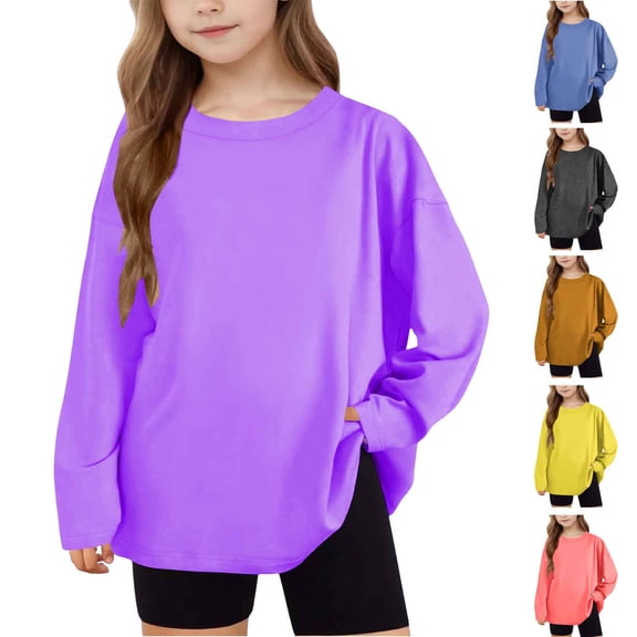 Xcmzpl Kids Long Sleeve T Shirts Girls Crew Neck Pullover Tops Solid Basic Blouses Casual Loose Tee Shirts 5-15 Years