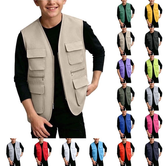 Xcmzpl Kids Cargo Vest for Boys Girls 5‑13 Years Solid Color V‑Neck Zip up Sleeveless Outerwear with Multi Pockets Casual Fall Winter Outer Vest for Hiking Camping Daily Wear