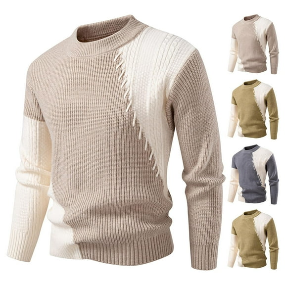 Xcmzpl Knit Sweater for Men Crew Neck Long Sleeve Warm Pullover Casual Color Block Patchwork Sweaters Slim Fit Fall Sweater Tops