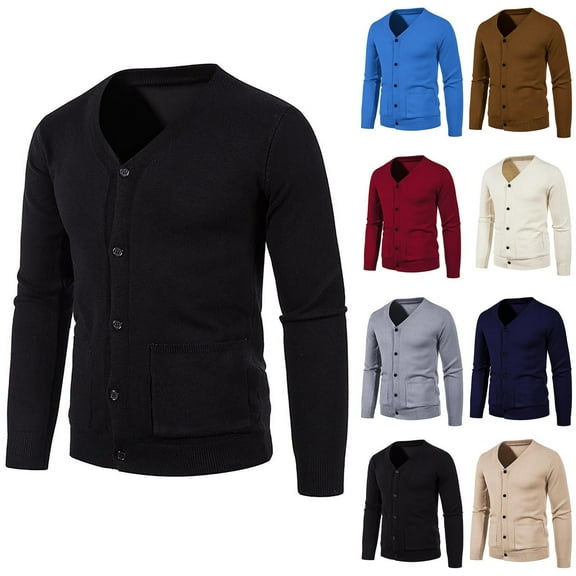 Xcmzpl Lightweight Cardigans for Men V Neck Botton Down Knit Sweater Jacket Long Sleeve Solid Slim Fit Cardigan Jackets with Pocket