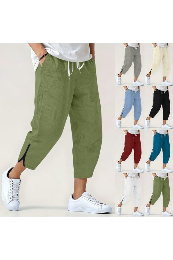 Linen Cropped Pants for Men Elastic Waist Solid Harem Pants Big and Tall Baggy Slit Hem Capri Pants with Pockets