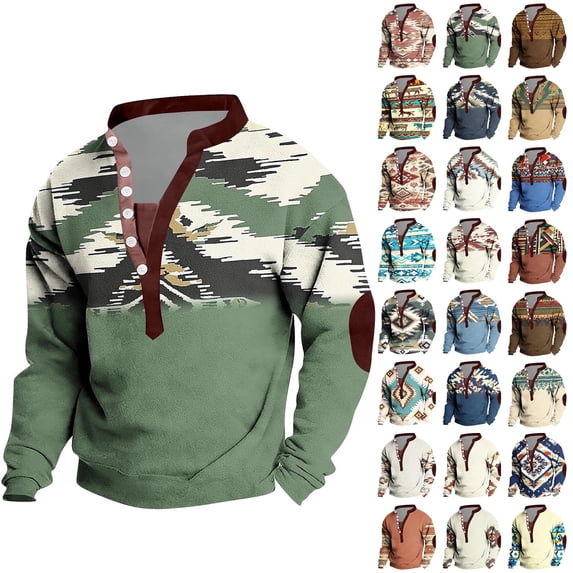 Xcmzpl Long Sleeve Hneley Shirts Mens Button up Westerna T Shirts Vintage Aztec Cow Ethnic Graphic Pullover Tops for Summer Going Out