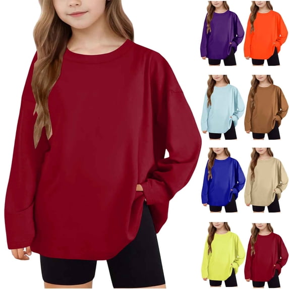 Xcmzpl Long Sleeve Shirts for Girl Crew Neck Loose Fit Blouses Solid Casual Summer Pullover Tops Kids Workout Tshirts 5-15 Years