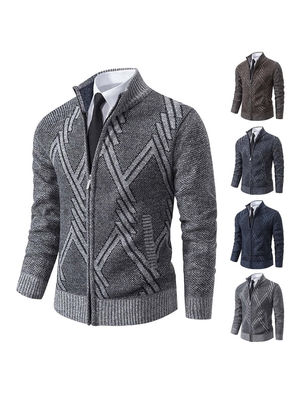 Men Full Zip Cardigan Sweater Slim Fit Stand Collar Zipper Sweater Fall Winter Knitwear Trend Casual Printed Sweaters with Pocket