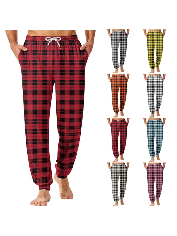 Men Plaid Print Jogger Lounge Pants Elastic Drawstring Waist Cuffed Ankle Sleep Trousers with Pockets Loose Casual Pajama Bottoms S-4XL for Bedroom Rest Indoor Daily Wear