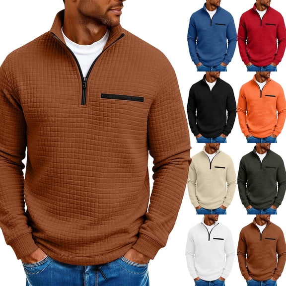 Xcmzpl Men Quarter Zip Pullover Long Sleeve Waffle Textured Sweatshirt Casual Stand Collared Vintage Winter Golf Tops S-3XL