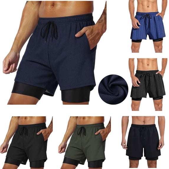 Xcmzpl Men's 2 in 1 Swim Trunks 5 Inch Quick Dry Breathable Training Board Shorts with Liner Drawstring Waist Solid Activewear