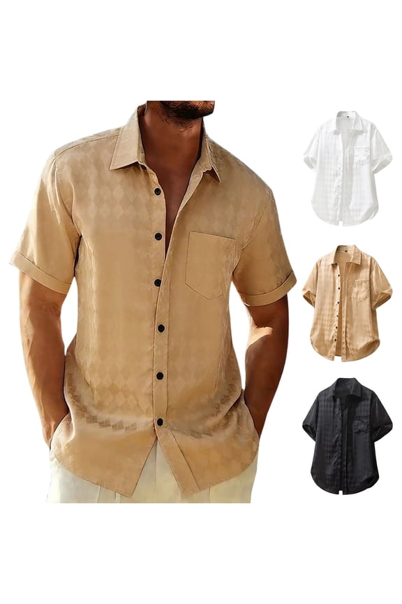 Men's 70s Shirt Shiny Plaid Print Dress Short Sleeve Button Down Summer Shirts with Pocket Formal Casual Western VIntage Party Prom