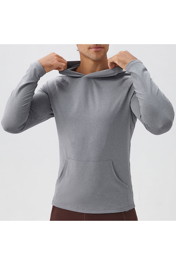 Men's Athletic Hoodies Slim Fit Long Sleeve Muscle Pullover Tops Lightweight Solid Color Workout Sport Hooded Sweatshirts with Pockets