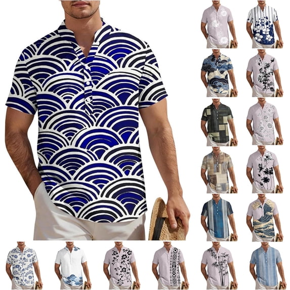 Xcmzpl Men's Boho Print Henley Shirt Short Sleeve Casual Summer Beach Hippie T Shirts Button up Collarless Graphic Tees Hot Pink L
