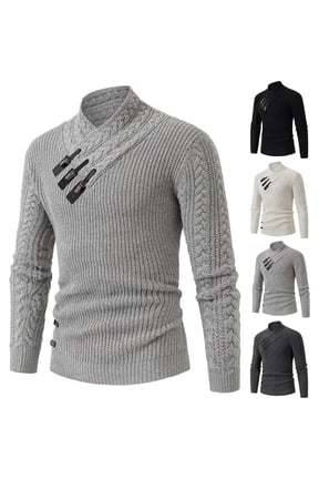 Men's Cable Knit Sweater Asymmetrical Toggle Closure Mock Neck Pullover Shawl Collar Turtleneck Cable Knit Sweater for Fall Winter