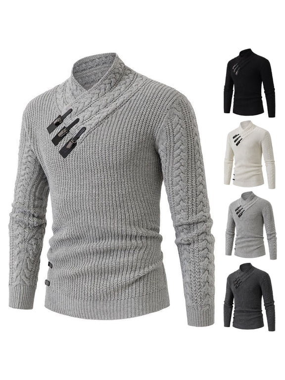 Men's Cable Knit Sweater Asymmetrical Toggle Closure Mock Neck Pullover Shawl Collar Turtleneck Cable Knit Sweater for Fall Winter
