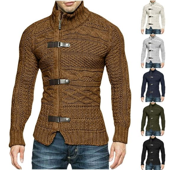 Xcmzpl Men's Cable Knitted Oplique Zip Button Front Long Sleeve Cardigan Sweater Mock Neck Solid Vintage Knit Cardigans