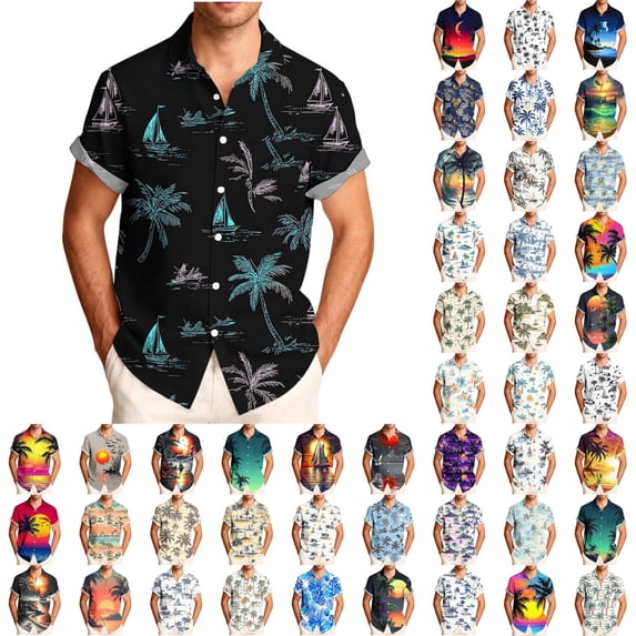 Xcmzpl Men's Camp Collar Shirt Short Sleeve Hawaiian Print Button Down Casual Top Lightweight Summer Beach Vacation Travel Shirts Beige L